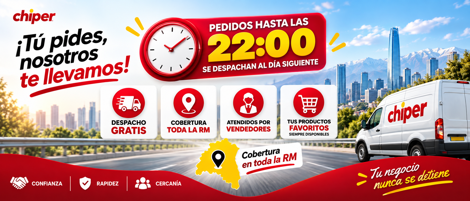 Pedidos hasta las 22:00 se despachan al día siguiente; despacho gratis, cobertura en toda la Región Metropolitana, atención por vendedores
