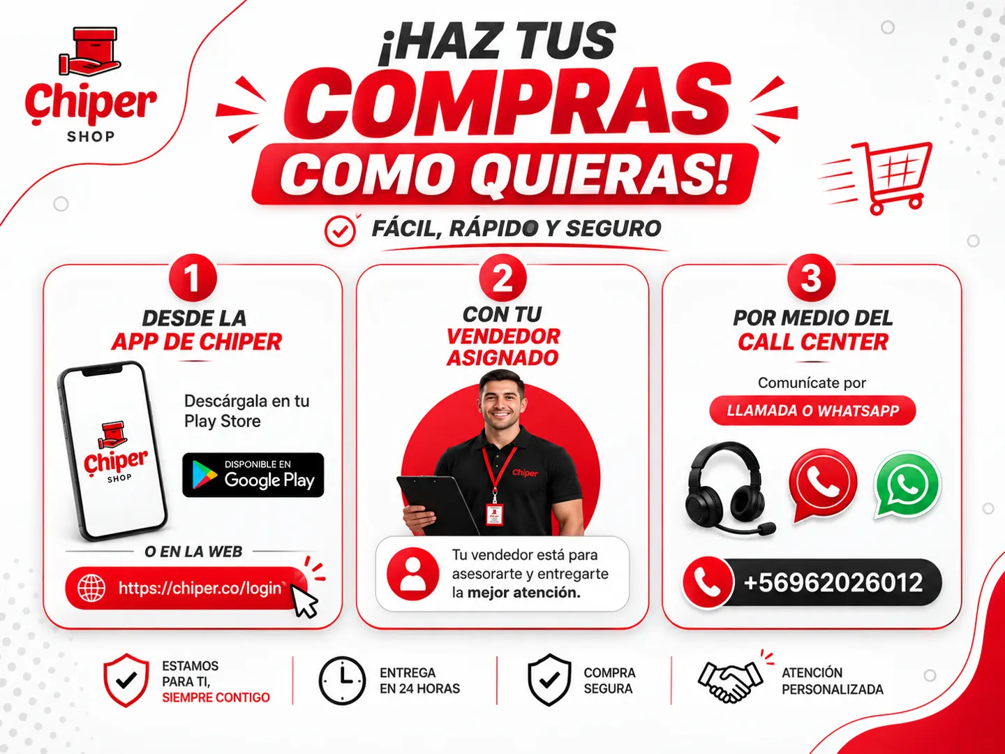 Compra desde la app o web, con tu vendedor asignado o por call center